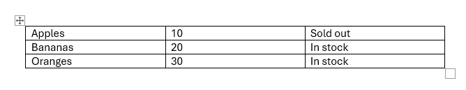 Example table with content spanning editable area on page in Word